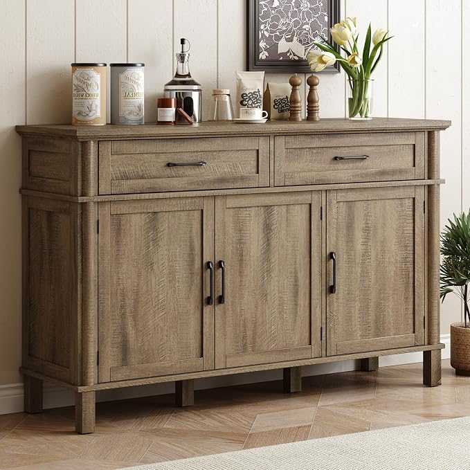 ONBRILL 55 Inch Buffet Cabinet with Storage, Farmhouse Sideboard Buffet w/2 Drawers and 3 Doors, Coffee Bar Cabinet with Adjustable Shelves, Sideboard Storage for Kitchen, Living Room, Washed Grey