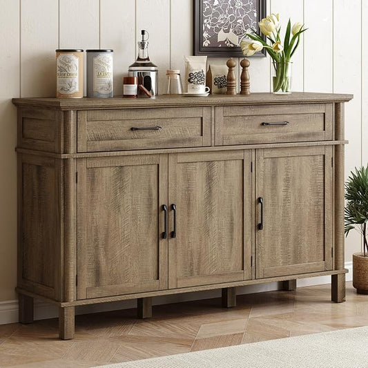 ONBRILL 55 Inch Buffet Cabinet with Storage, Farmhouse Sideboard Buffet w/2 Drawers and 3 Doors, Coffee Bar Cabinet with Adjustable Shelves, Sideboard Storage for Kitchen, Living Room, Washed Grey