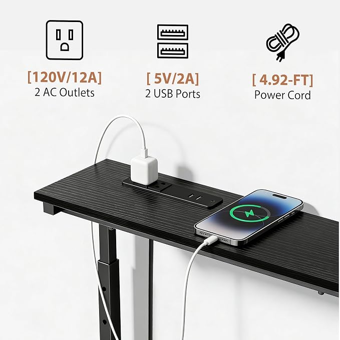 GRLEAF 35" Adjustable Height Narrow Console Table with Power Outlets, Long Sofa Table with Charging Station Behind Couch Table Skinny Entryway Table for Living Room, Hallway and Office – Black