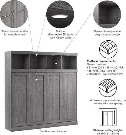 Bestar Queen Size Horizontal Murphy Bed with Storage and Charging Station, 80-inch, for Bedroom or Guestroom, Pur Collection, Modern, Gray