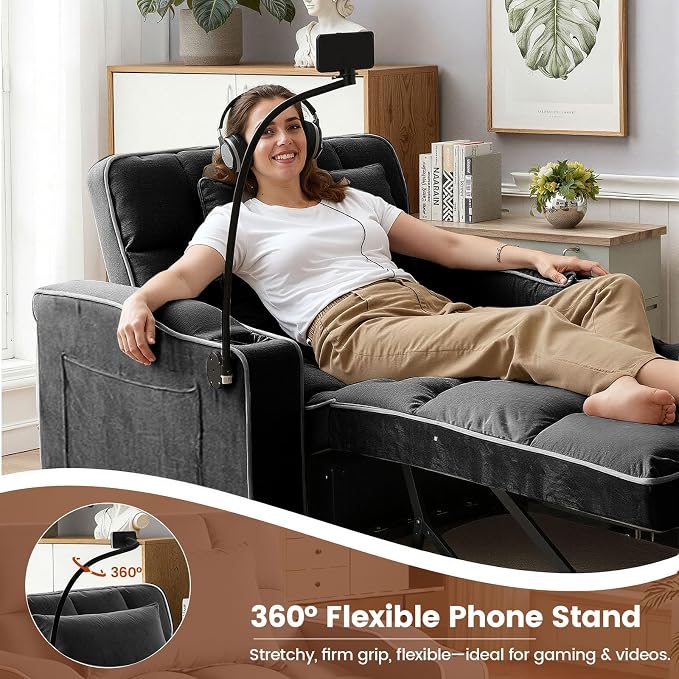 4 in 1 Sleeper Chair, Velvet Pull Out Chair Sleeper with Bracket and Cup Holder, Chairs Bed Sleepers with USB Port for Adults, Sofa Bed Chairs for Small Spaces, Living Room, Black