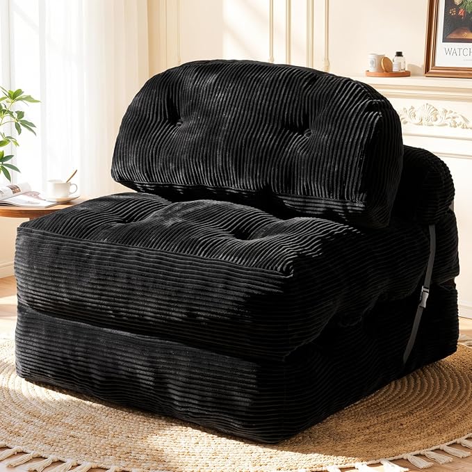 Folding Sofa Bed, Convertible Sleeper Chair with Back Support and Pillow Futon,Boneless Foldable Couch for Living Room/Guest Use/Home Office, Foldable Chair Bed for Adults, Black