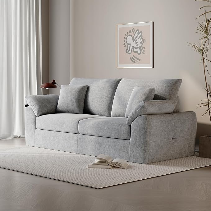 90" Boneless Loveseat Sofa, Polyester Fabric 2-Seater Couch with 4 Pillows, No Assembly Required, Soft High Density Foam Cushion, Pillow Armrest for Living Room Bedroom Apartment (Grey)