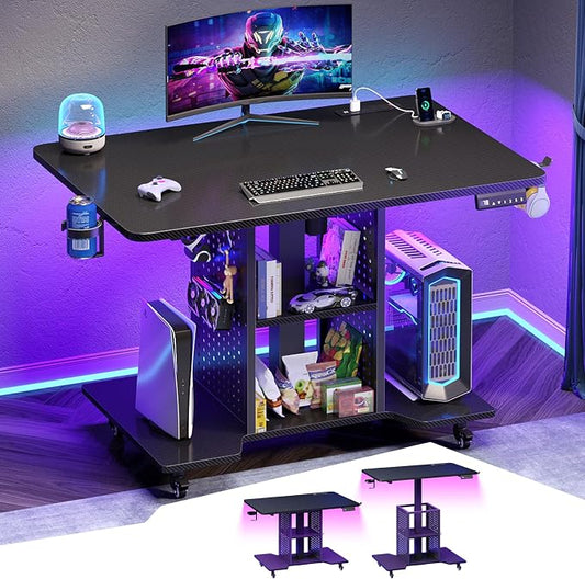 SEDETA Small Standing Gaming Desk, 31.5" Rolling Computer PC Desk Height Adjustable with Power Outlet, Pegboard & Storage Shelves, RGB LED Light, for Small Spaces/Bedroom/Gaming, Carbon Fiber Black