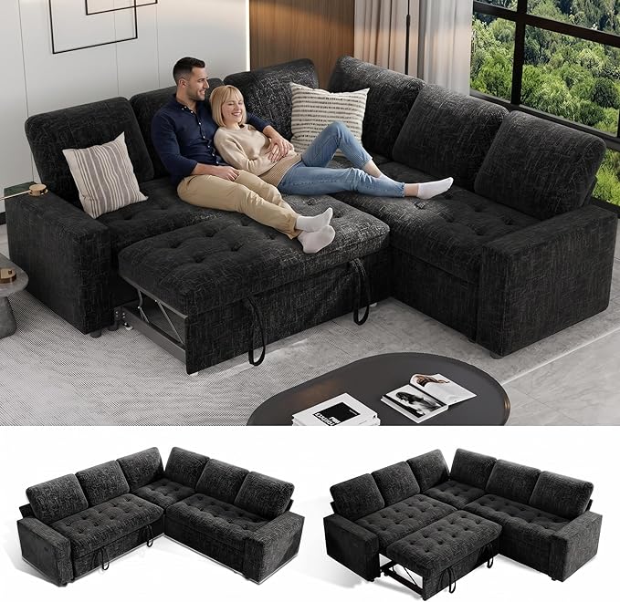 Sunny Heart Modular Sectional Sleeper Sofa with Pull Out Bed, Chenille L Shaped Sectional Sofa with USB Ports/Adjustable Backrest/Storage Seats, Tool-Free Assembly, Couches for Living Room Black