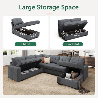 HONBAY Modular Sectional Sleeper Sofa with Pull Out Bed, U Shaped Sleeper Couches with Storage Chaise, 114'' Sleeper Sectional Sofas for Living Room, Apartment (Bluish Grey)