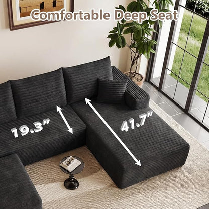 95" Cloud Sectional Couch U-Shaped Chaise with Ottoman, Corduroy Boneless Couch for Living Room Bedroom, Deep-Seat Upholstered Modular Cloud Sofa, No Assembly Required (Black, Right Facing Chaise)
