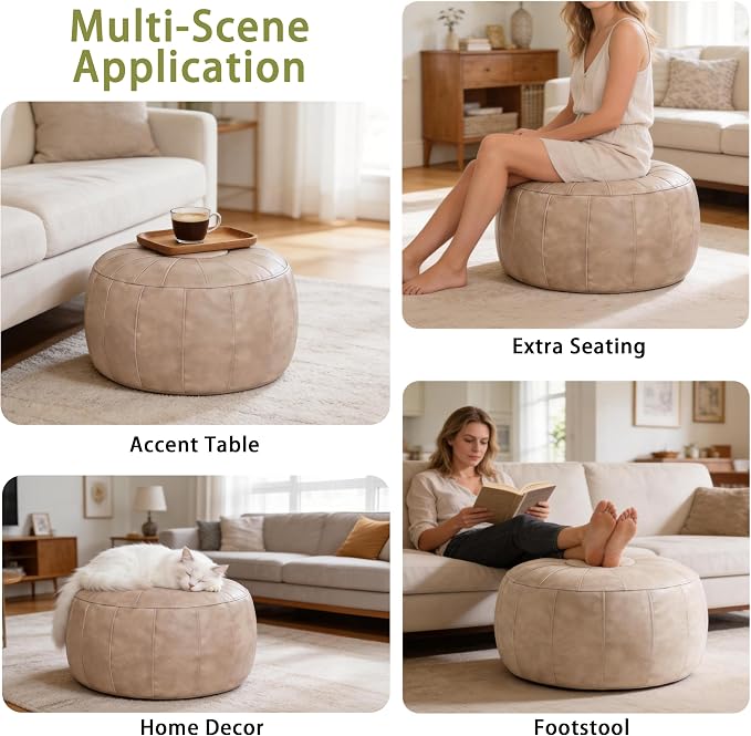 Thgonwid Unstuffed Moroccan Storage Pouf Foot Stool Ottoman Seat Handmade Faux Leather Bean Bag Floor Chair Foot Rest for Living Room, Bedroom or Balcony (Mushroom)