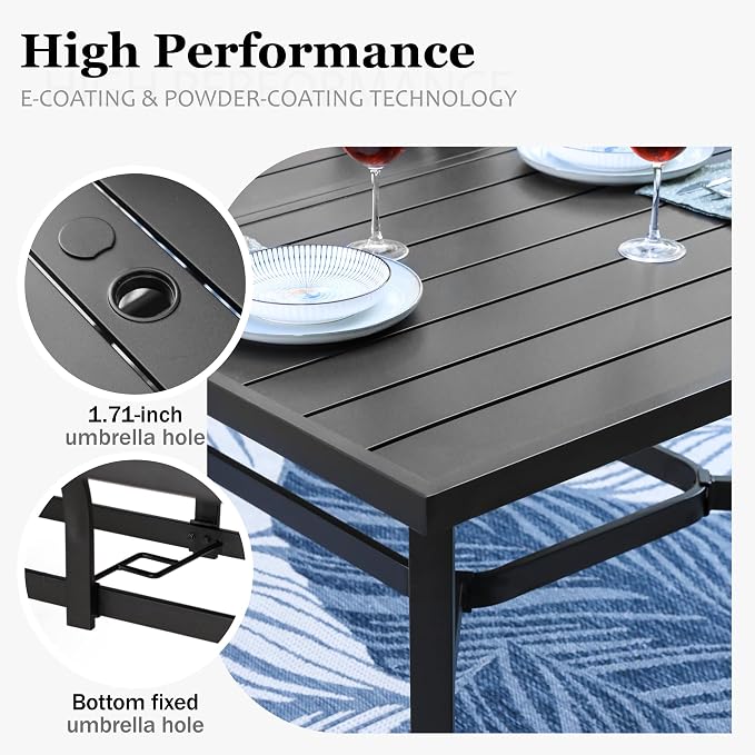 HERA'S HOUSE 9 Pieces Patio Dining Set, Outdoor Metal Table and Chairs Set for 8, 83" Rectangular Table with Umbrella Hole, 8 x Textilane Patio Dining Chairs for Lawn Garden Backyard Deck