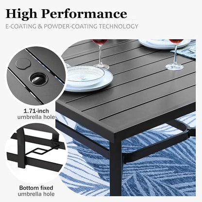 HERA'S HOUSE 9 Pieces Patio Dining Set, Outdoor Metal Table and Chairs Set for 8, 83" Rectangular Table with Umbrella Hole, 8 x Textilane Patio Dining Chairs for Lawn Garden Backyard Deck