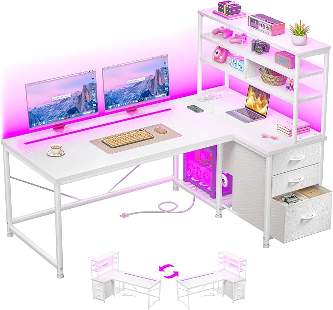 DurayLoly 55''White Desk with 3 Fabric Drawers & Shelf, Remote LED Power Outlet for Bedroom