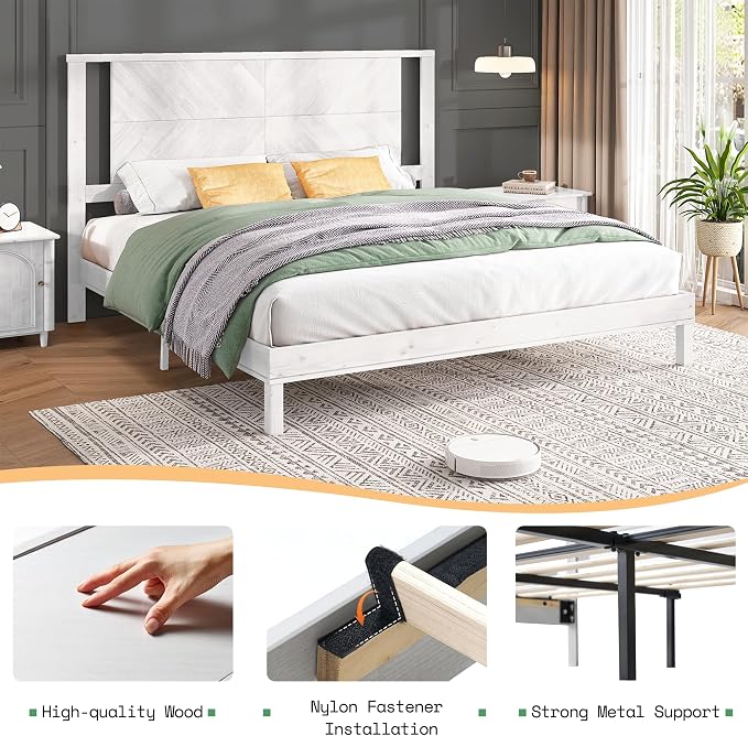 AMERLIFE Solid Wood Queen Size Bed Frame with Headboard, Rustic Style Platform Bed Frame with Under-Bed Storage, No Box Spring Needed, Noise Free, Easy Assembly, Antique White