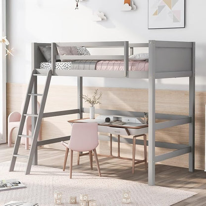 Ball & Cast Solid Wood Twin Size Loft Bed,Loftkbed w/Ladder and Full-Length Guardrails,Slat Support,No Box Spring Needed,Space Saving,Slat Support,Bedframe for Child's Bedroom,Gray