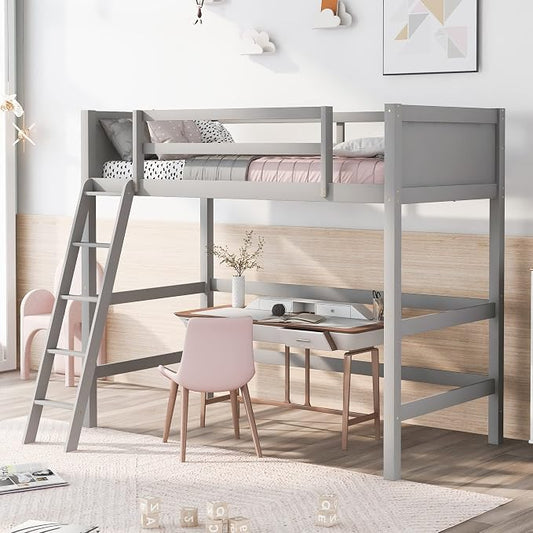 Ball & Cast Solid Wood Twin Size Loft Bed,Loftkbed w/Ladder and Full-Length Guardrails,Slat Support,No Box Spring Needed,Space Saving,Slat Support,Bedframe for Child's Bedroom,Gray
