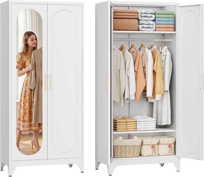 SteeLoong Metal Wardrobe Cabinet with Hanging Rod, 71" Tall Armoire Wardrobe Closet with Mirror Doors and Adjustable Shelves, White Clothing Storage Cabinets for Bedroom, Laundry Room,Office