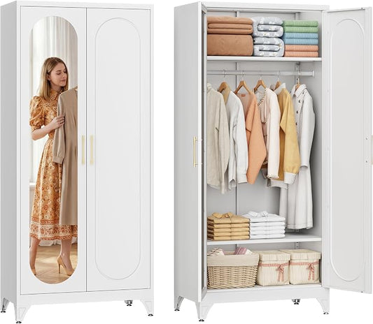 SteeLoong Metal Wardrobe Cabinet with Hanging Rod, 71" Tall Armoire Wardrobe Closet with Mirror Doors and Adjustable Shelves, White Clothing Storage Cabinets for Bedroom, Laundry Room,Office