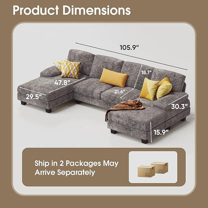 Furmax Sectional Couches for Living Room, U-Shaped Sofa Couch with Linen Fabric, 4 Seat Sofa Set with Double Chaise for Apartment (Chenille, Grey)