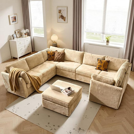 ovios Modular Sectional Sofa Couch with Sofa Bed L-Shape Chaise, Comfy Plush Corduroy Cloud Couches, Modern Luxury Deep Seat Sofas Set for Living Room, 8-Seater, Beige