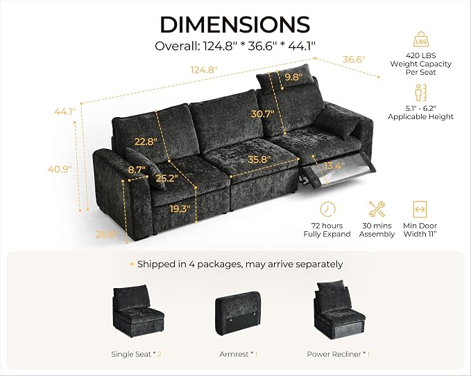 124.8'' Oversized Power Recliner Sofa with Headrest, Extra Wide Deep Modular Cloud Sectional Reclining Couch Wall Hugger, Convertible 3-Seater for RV Home Theater Living Room, Chenille, Black