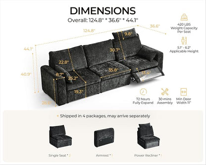 124.8'' Oversized Power Recliner Sofa with Headrest, Extra Wide Deep Modular Cloud Sectional Reclining Couch Wall Hugger, Convertible 3-Seater for RV Home Theater Living Room, Chenille, Black