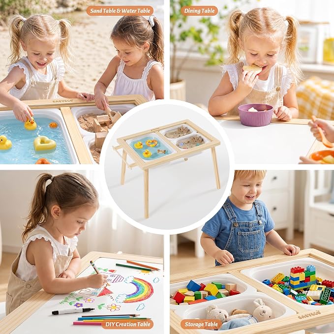Easyego Toddler Sensory Table & Chair Set – Educational Kids Table for Sand and Water Play with Foldable Storage Bins, Ideal Gift for Children - Wood Color