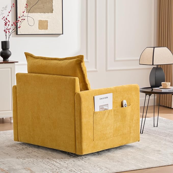Swivel Accent Chair, Modern Swivel Barrel Chair for Living Room, 360 Degree Comfy Square Accent Barrel Chair, Upholstered Sofa Armchair for Bedroom,Reading, Chenille, Mustard Yellow