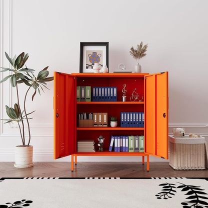 Orange 3 Tier Metal Storage Cabinet with Legs, Lockable 2 Door Metal Locker, Heavy Duty Multipurpose Accent Storage Cabinet with 2 Adjustable Shelves for Home, Office, Entryway and Hallway