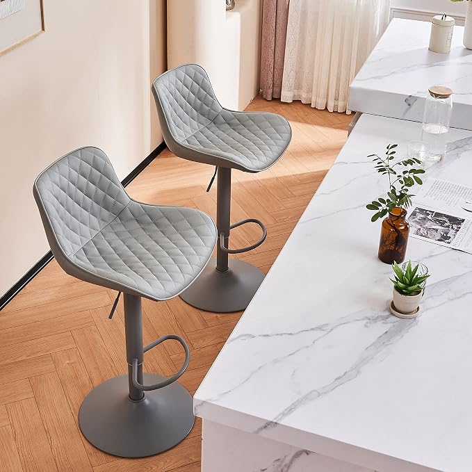 YOUTASTE All Grey Bar Stools Set of 2, Upholstered Counter Height Bar Stool, Adjustable Swivel Faux Leather Barstools, with Padded Back, Metal Base, Kitchen Chairs for Home Island