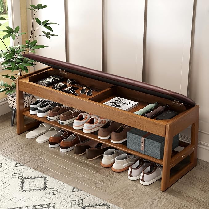 IUNVR Shoe Rack Bench with Hidden Storage, 2-TierSolid Rubberwood Entryway Bench with SoftLeather Cushioned Seat & Flip-Top Storage,330lbs Capacity, Wooden Shoe Organizer forHallway, Closet, Foyerm