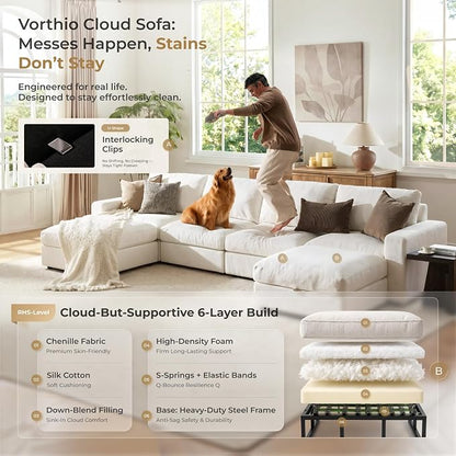 Cloud Couch Sectional 146.5'' Oversized Modular Deep Seat Sofa U Shaped Comfy White Cloud Couch with Washable Cover for Living Room 4 Seater with 2 Ottoman