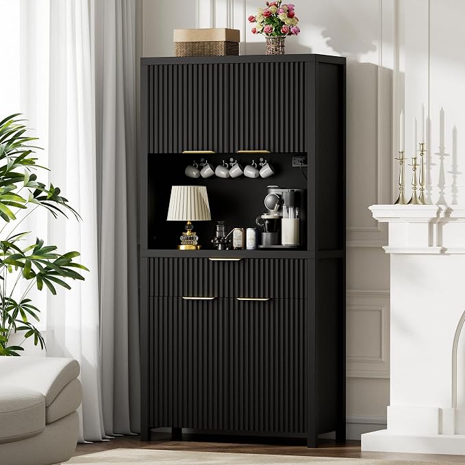 Lulive 71" Fluted Pantry Cabinet with Charging Station, Black | Adjustable Shelves, Open Countertop, Drawer, Spacious Kitchen Storage
