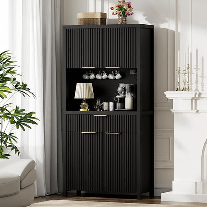 Lulive 71" Fluted Pantry Cabinet with Charging Station, Black | Adjustable Shelves, Open Countertop, Drawer, Spacious Kitchen Storage