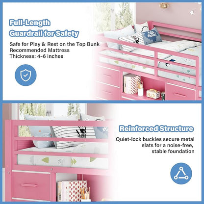 Einhomn Twin Low Loft Bed with 8 Drawers, Bookshelf, Heavy Duty Metal Kids Loft Bed with 13 Inch Safety Guardrail, Play Curtain, Under-Bed Play Area - Pink