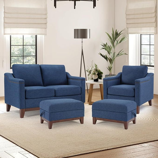 HAOMARKETS 4 Piece Fabric Sofa Set with Nailhead Trim, Included Single Accent Chair, Loveseat 2-Seater Couches with Thicked Cushion and 2 Storage Ottoman with Flip-Top Table for Living Room, Blue