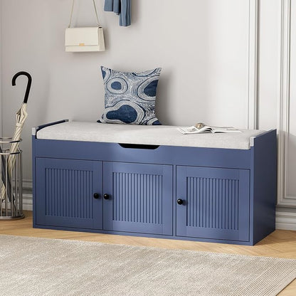 40" Storage Bench - Entryway Shoe Bench with 3 Doors and Top Storage Area, Multifunctional Entryway Bench with Lift Top Cushion, Shoe Storage Bench for Bedroom, Living Room, Navy Blue