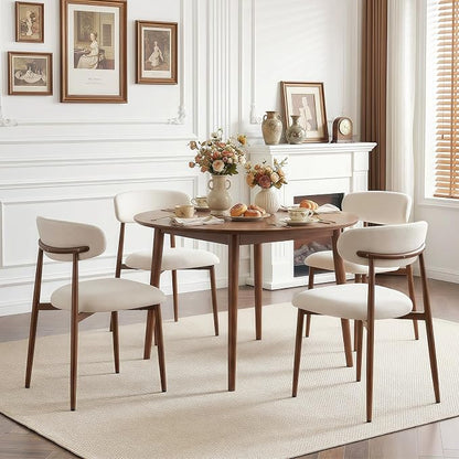 Furniliving Mid Century Modern Dining Chairs Set of 4, 300 lbs Capacity Upholstered Linen Kitchen Chairs with Walnut Grain Metal Legs and Ergonomic Curved Back, Beige(Walnut/Linen)