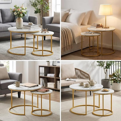 Round Nesting Coffee Table Set of 2, Modern Marble Pattern Wooden Nesting Tables, Stacking Minimalist End Table for Living Room Bedroom Small Space, (Glod Leg+White top)
