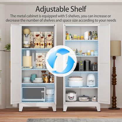 White Metal Storage Cabinet,75" Steel Cabinets for Home Office | Kitchen Pantry Storage Cabinet with Doors and 5 Adjustable Shelves, Tool Cabinets, for Office, Home, Garage, School