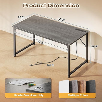 PRAISUN 47 X 24 Inch Deeper Desk with Power Outlets | Computer Desk for Bedroom, Office Desk for Work from Home, Writing Study Gaming Table, Stable Metal Frame, Grey