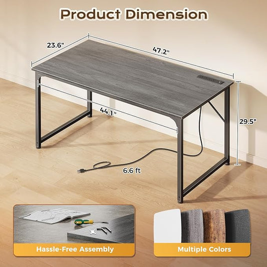PRAISUN 47 X 24 Inch Deeper Desk with Power Outlets | Computer Desk for Bedroom, Office Desk for Work from Home, Writing Study Gaming Table, Stable Metal Frame, Grey