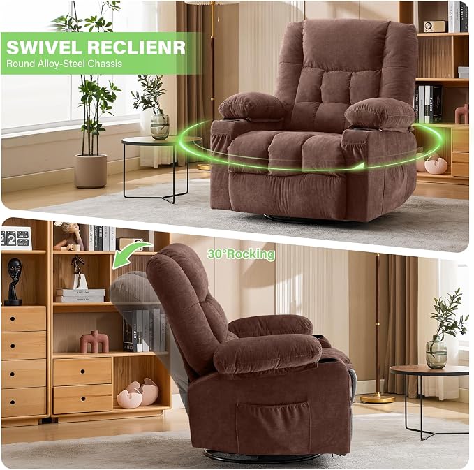 BOSMILLER 360° Swivel Rocker Recliner Chair for Adults,Oversized Recliner Chair with Massage and Heating, Manual Nursery Glider Recliner with Cup Holder and Side Pocket for Living Room, Bedroom