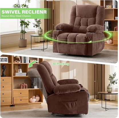 BOSMILLER 360° Swivel Rocker Recliner Chair for Adults,Oversized Recliner Chair with Massage and Heating, Manual Nursery Glider Recliner with Cup Holder and Side Pocket for Living Room, Bedroom