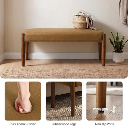 Usaint 42" End of Bed Bench, Modern Upholstered Bedroom Bench with Rubberwood Legs, Entryway Bench with Cushion, Dining Bench for Living Room, Bedroom, Caramel Orange with Walnut Leg