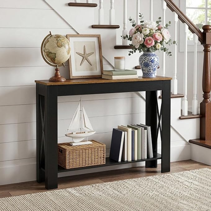 YATINEY Farmhouse Console Table, 39.4'' Small Narrow Entryway Table, Wood Couch Table Behind Sofa with Storage Shelf, Slim Farmhouse Hallway Table for Hallway, Foyer, Black and Rustic Brown CT34BR