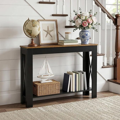 YATINEY Farmhouse Console Table, 39.4'' Small Narrow Entryway Table, Wood Couch Table Behind Sofa with Storage Shelf, Slim Farmhouse Hallway Table for Hallway, Foyer, Black and Rustic Brown CT34BR