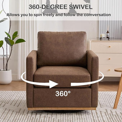 Swivel Accent Chair, 360 Degree Square Swivel Chair for Living Room, Mid Century Modern Upholstered Barrel Chair,Comfy Sofa Armchairs for Bedroom,Nursery,PU Leather, Coffee