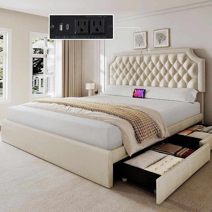 YITAHOME Full Size Bed Frame with Adjustable Headboard, 4 Storage Drawers and Charging Station, Velvet Upholstered Bed Frame with Button Tufted, No Box Spring Needed, Fast Assembly, Noise-Free,Beige