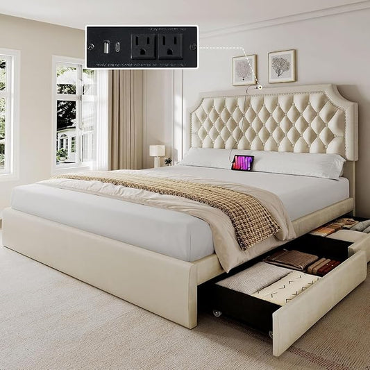 YITAHOME Full Size Bed Frame with Adjustable Headboard, 4 Storage Drawers and Charging Station, Velvet Upholstered Bed Frame with Button Tufted, No Box Spring Needed, Fast Assembly, Noise-Free,Beige