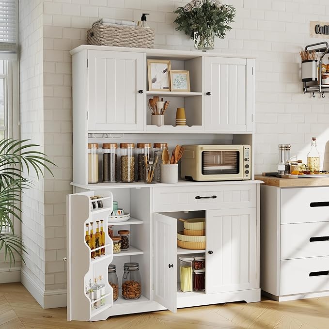 Gizoon Tall Kitchen Storage Cabinet with Door and Shelves, 67" Kitchen Pantry Cabinet Large Coffee Bar Hutch with Storage for Dining Room, Painted White