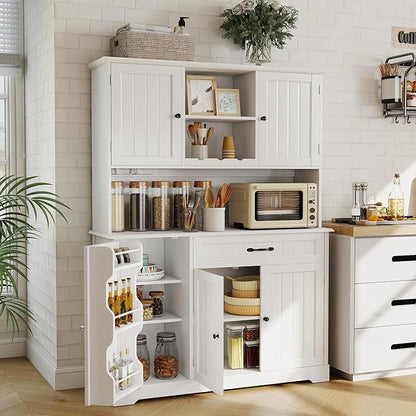 Gizoon Tall Kitchen Storage Cabinet with Door and Shelves, 67" Kitchen Pantry Cabinet Large Coffee Bar Hutch with Storage for Dining Room, Painted White